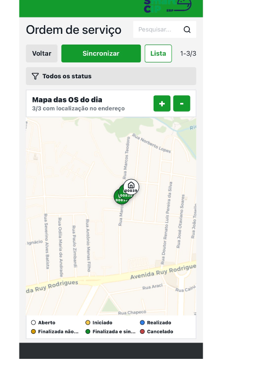 Aplicativo SmartCIP no celular com mapa de OS e pontos monitorados