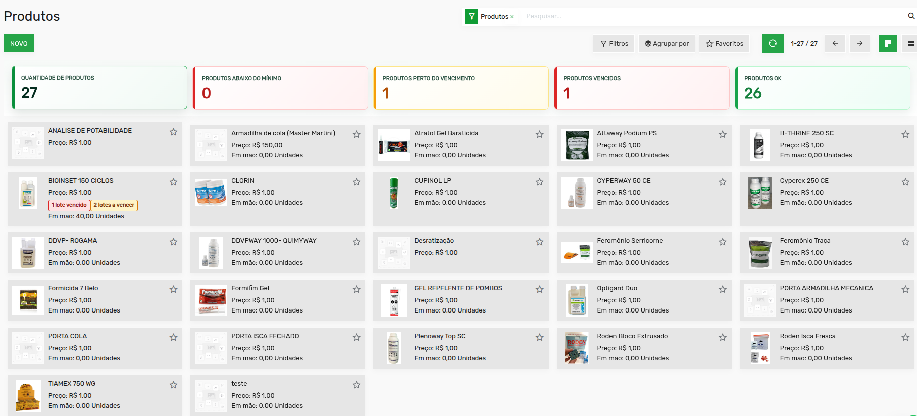Controle de produtos do SmartCIP com KPIs de estoque, validade e cards de produtos